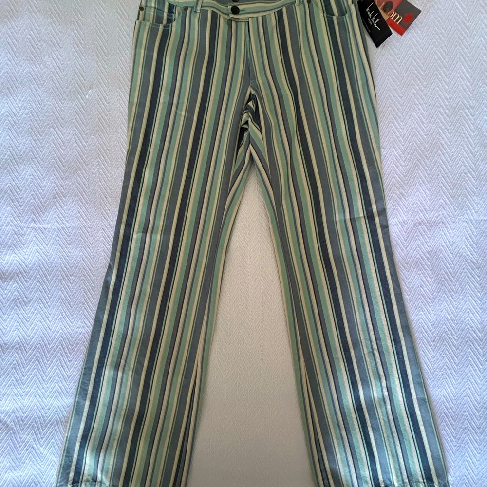 Nicole Miller Green and Blue Chinos with Belted Waist